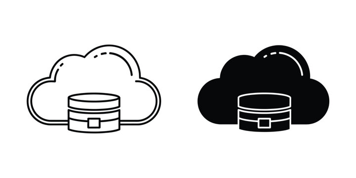 Cloud data storage icon with database symbol in outline and solid fill styles