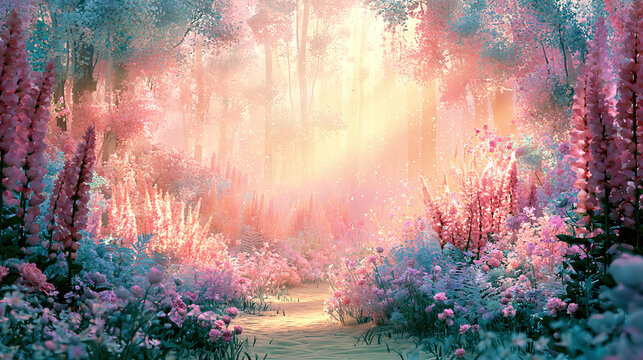 Enchanted Forest Path Bathed in Magical Sunlight Through Pink and Blue Blooms