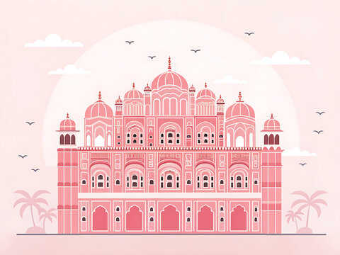 Hawa Mahal, Jaipur, pink honeycomb palace fa&ccedil;ade, pastel pink palette, modern minimal flat vector illustration