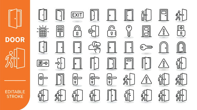 Vector line icon set of door and security concepts, editable stroke design, entry, access, and architectural hardware art
