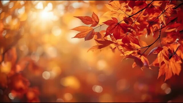 Autumn maple leaf branch glowing in warm golden sunlight with soft orange bokeh mood
