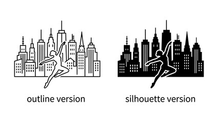 Fototapeta premium New York City Skyline with Dancer: Two stylized representations of the New York City skyline, one as an outline and the other as a silhouette.