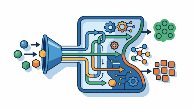 Abstract illustration of a data processing pipeline with inputs and outputs