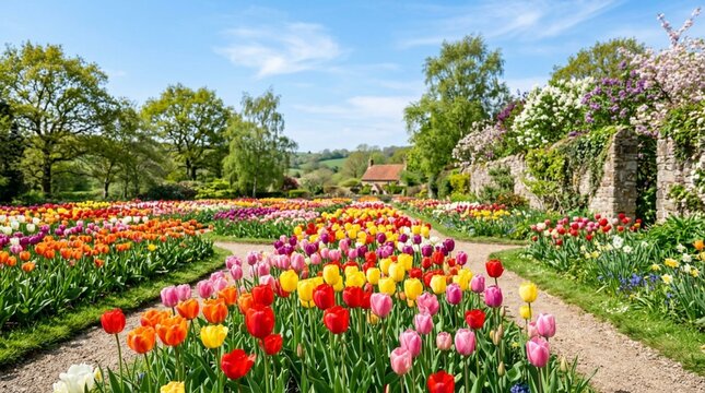 Colorful tulip beds line a gravel path in a lush spring garden with flowering stone walls and trees, ideal for travel, gardening, or seasonal promotion.
