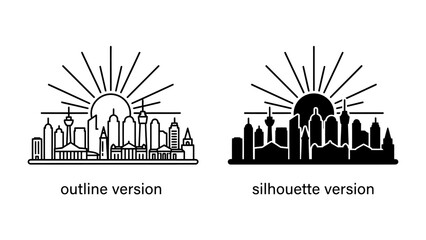 Cityscape Sunrise Icon: A striking graphic illustration depicting a modern cityscape at sunrise, presented in both outline and silhouette versions, symbolizing urban growth and new beginnings. © BD