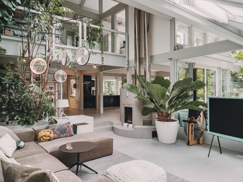 Modern luxury open plan living room in a timber frame villa