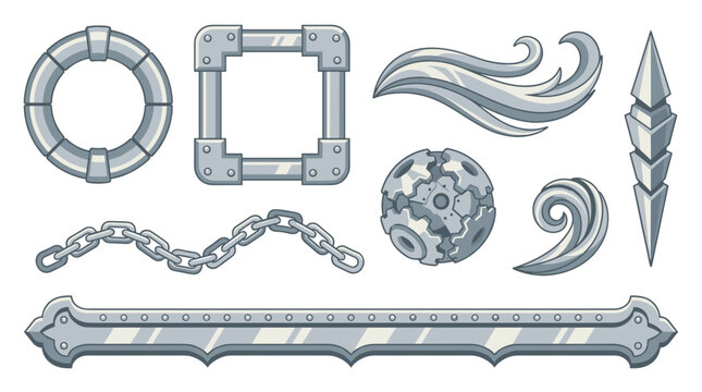 Set of grey metal fantasy game elements, industrial mechanical components, steel chain, ring, frame, orb, blade, decorative border, interface design