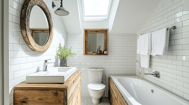 Modern bathroom interior with bathtub and sink. Clean luxury bathroom with wooden furniture
