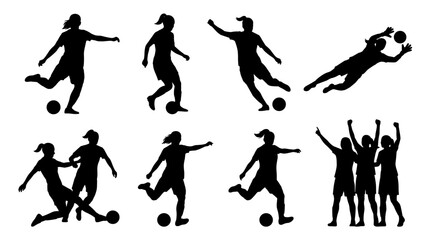 Fototapeta premium Set of female soccer player silhouettes in various action poses kicking passing and jumping for the ball with a goalkeeper diving for a save and a