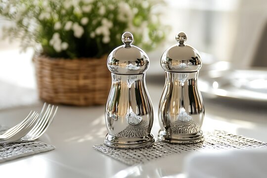 Stainless steel salt and pepper shakers on dining table. Elegant silver condiment set for fine dining and home decor.