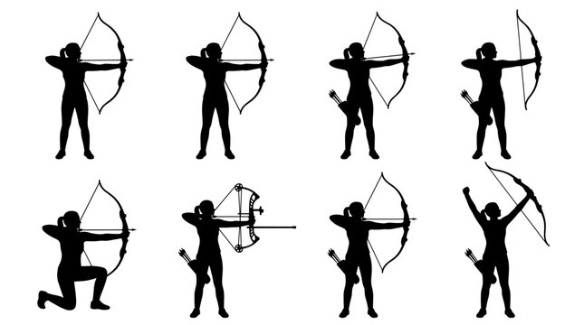 Set of eight silhouette icons representing archers in various dynamic poses, drawing and aiming bows, each with a dotted outline for a distinct
