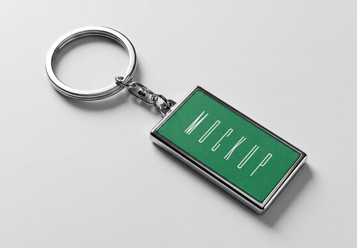 Metal Keychain Mockup with Green Enamel Plate and Chrome Frame