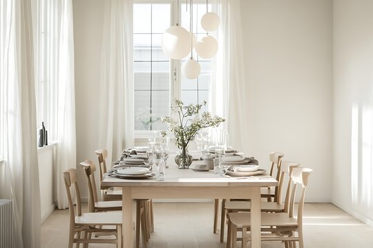 Elegant dining table set for a formal gathering. Stylish minimalist interior with fresh flowers and natural light.