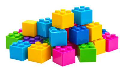 Fototapeta premium A vibrant collection of colourful plastic building blocks stacked and scattered creatively, glossy finish, rounded child-safe edges, isolated on transparent background