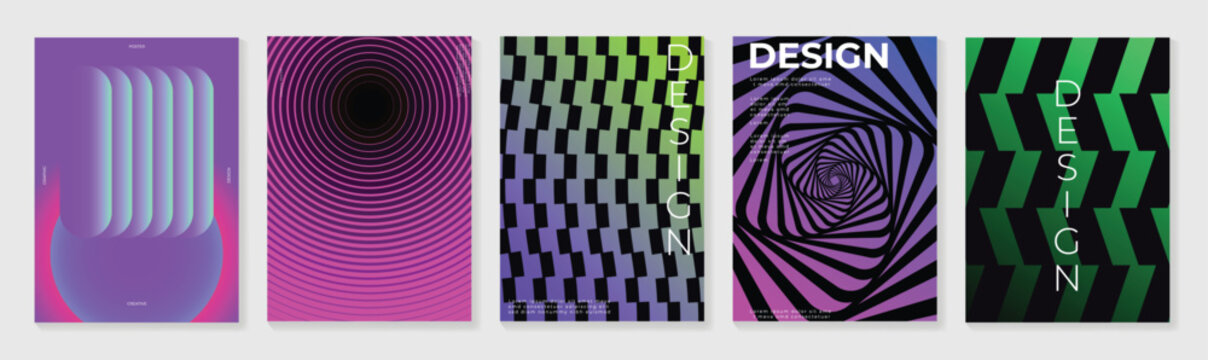 Abstract gradient geometric poster templates vector set. Modern futuristic optical illusion, halftone, swirl, wave, topographic, minimal geometric backgrounds. Design collection for cover, brochure.