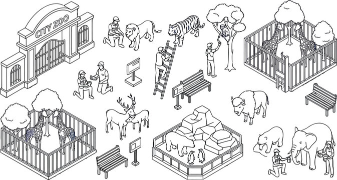 Isometric zoo park collection with wild animals enclosures zookeepers and park infrastructure elements in a clean black and white line art style
