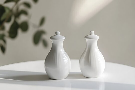 White ceramic salt and pepper shakers. Porcelain spice containers on table