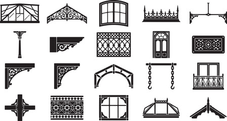 Classic Victorian Architecture Features and Decorative Vintage Building Exterior Elements Icon Set © Mahmuda