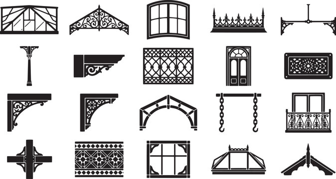 Classic Victorian Architecture Features and Decorative Vintage Building Exterior Elements Icon Set