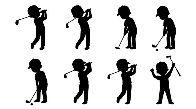 Set of silhouettes of children playing golf in various poses, sporting movement, game leisure activities, athletic action, simple flat black icons
