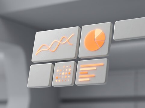 Floating white dashboard panels showing glowing orange business data charts