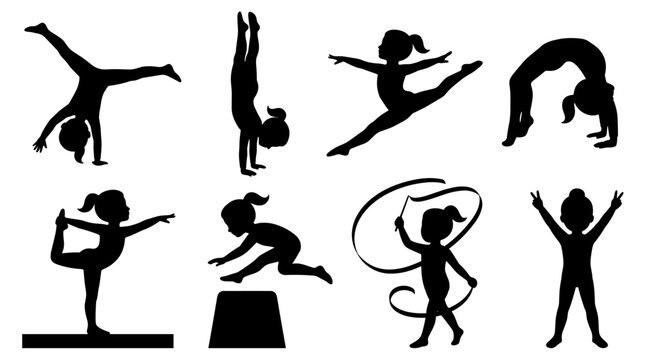 Set of gymnastics girl silhouettes in black, dynamic poses performing acrobatics and rhythmic exercise, perfect for sports events and coaching