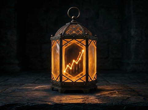 Vintage metal lantern glowing with a bright financial growth chart
