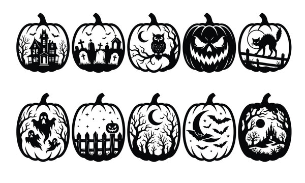 Vintage Halloween pumpkin carving stencil set, spooky haunted house black and white vector pumpkins, retro jack-o-lantern cut out window patterns, spooky night owl ghost cat