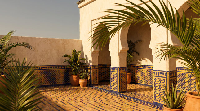 Empty sunlit Moroccan riad courtyard with traditional arches, zellige mosaic tiles, and palm plants in terracotta pots. Authentic luxury travel architecture mockup.