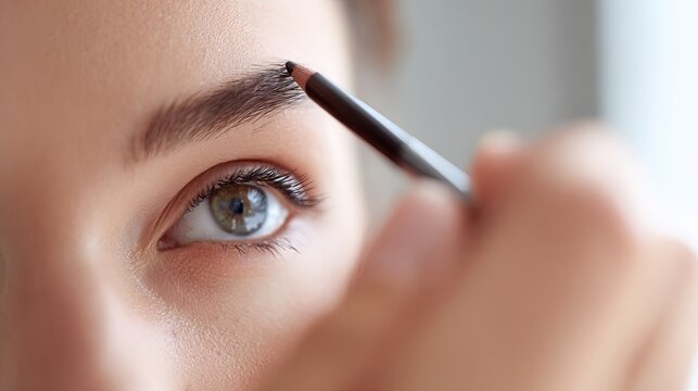 Close-up of a woman carefully applying eyebrow pencil to enhance and shape her natural brow line for a flawless look