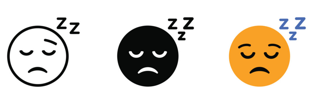 Sleeping Face Emoji Icon Set with Zzz Symbol Tired Sleepy Emoticon Expressions Featuring Rest, Nap, Cartoon, Outline, Black, and Orange Vector