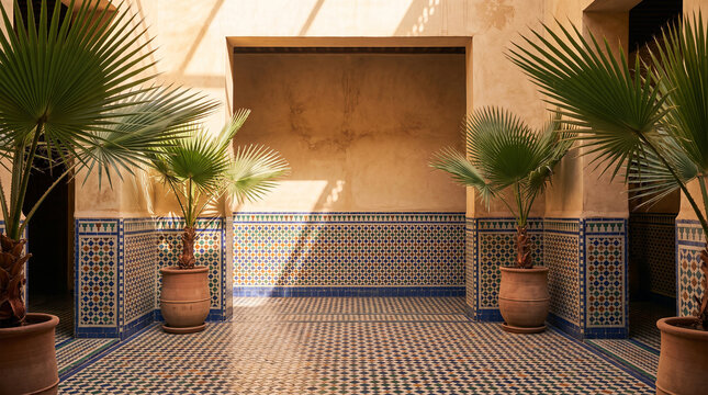 Empty sunlit Moroccan riad courtyard framed by palm leaves, featuring traditional zellige mosaic tiles and warm shadows. Authentic architectural background mockup.