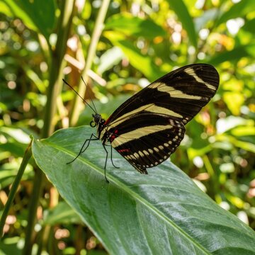 Close up of zebra longwing butterfly on large leaf.