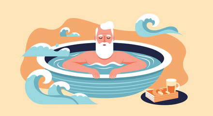 Fototapeta premium Whimsical flat illustration of a bearded elderly man relaxing in a giant round bathtub with stylized waves.