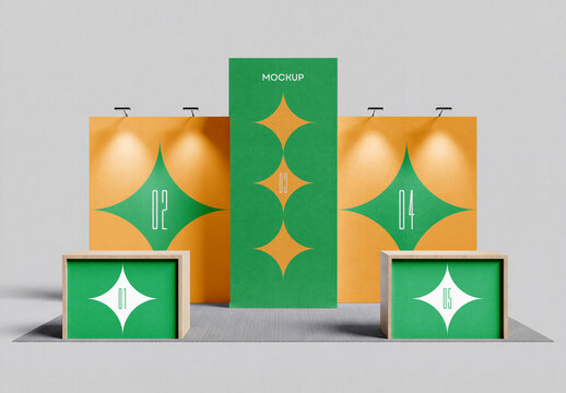 Trade Show Exhibition Booth Mockup with Modular Panels and Lighting