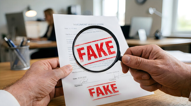 Business professional holding magnifying glass over fake document stamp
