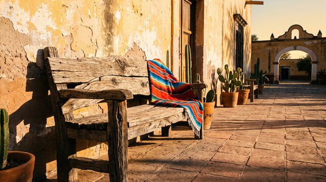 Authentic lifestyle mockup background. Empty rustic wooden bench against a sunlit adobe wall with a woven blanket and cacti. South American hacienda aesthetic with negative space.
