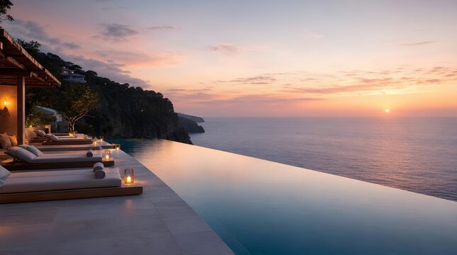 A luxury infinity pool terrace with loungers and lanterns overlooks ocean cliffs at sunset, suited for upscale resort travel and relaxation marketing.