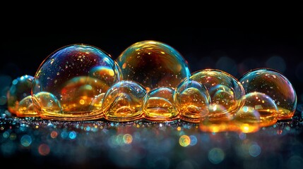 Obraz premium Iridescent soap bubbles reflecting vibrant colors in a close-up macro shot, showcasing delicate beauty and ephemeral moments of wonder