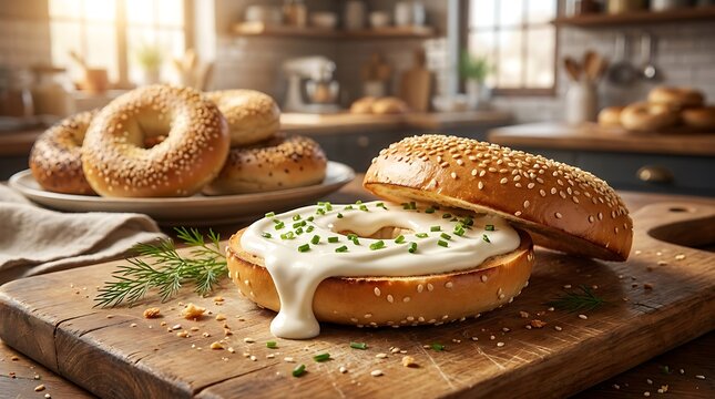 Freshly toasted sesame bagel with cream cheese and chives