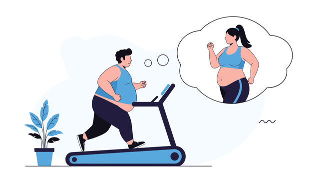 Overweight man running on a treadmill while thinking about a healthy and fit version of a woman he likes.