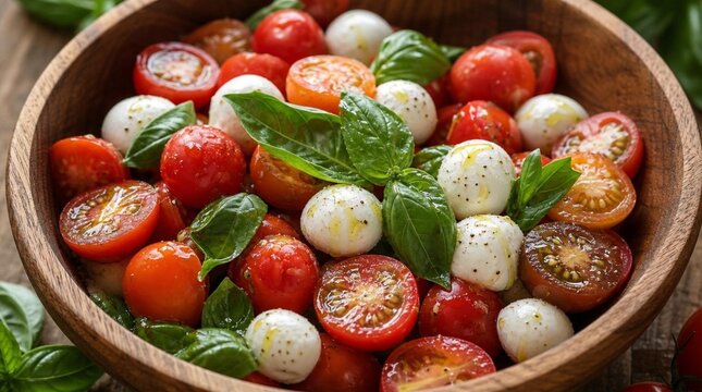 Fresh caprese salad with cherry tomatoes, mozzarella balls, basil, olive oil, and pepper in a wooden bowl suits healthy eating and Italian menu promotions.