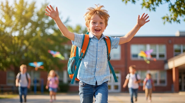 Class first day back to school joy boy run under warm sun carefree smile freedom. 1st day school education. happy children student classroom, childhood friendship study learning