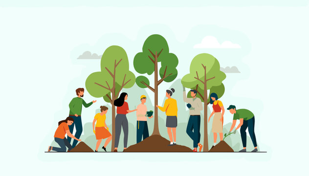 A diverse group of people planting trees together in a park, symbolizing environmental conservation and community effort.