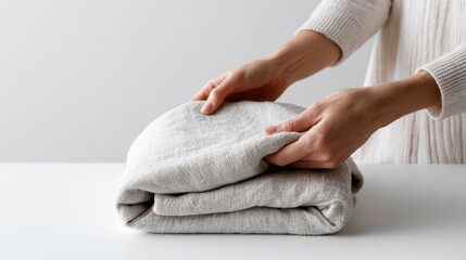 Fototapeta premium Hands folding a clean white linen blanket with care. The texture of the fabric is visible, suggesting a comfortable and cozy feel