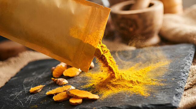 Turmeric powder pouring from pouch onto slate board with fresh roots