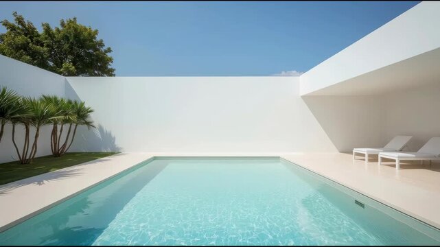 Minimalist swimming pool minimalist architecture with turquoise water white wall pool deck lounge