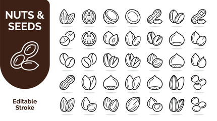 Vector line icon set of nuts and seeds concepts, editable stroke design, food, nutrition, and organic ingredient illustration art © Rasheed