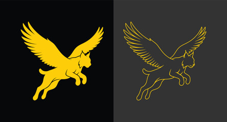 Flying lynx silhouette and linear outline icon design with mythical, wildlife © KH