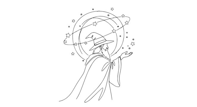 Wizard Casting Spell with Stars and Magic Circle - One Line Drawing